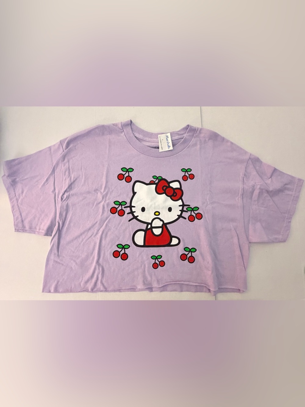 Hello Kitty Cherry Print 100% Cotton Lavender Crop T-Shirt Size L/G